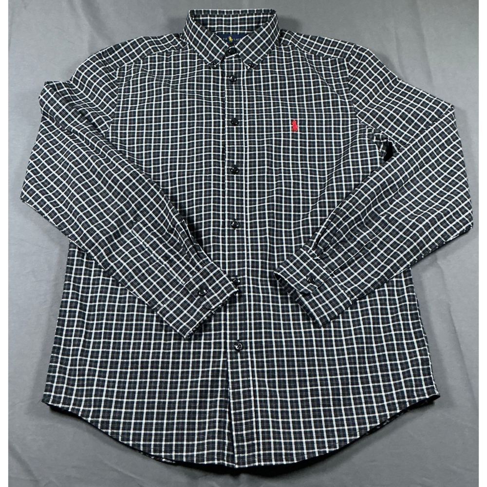 Ralph Lauren Black White Plaid Button Down Shirt Boys XL 18-20 Mens Small